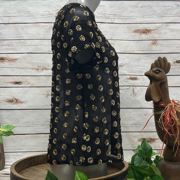 Piperlime Collection Sheer Black w/ Gold Sequin New Year Party Crew Neck Top S - Picture 4 of 8